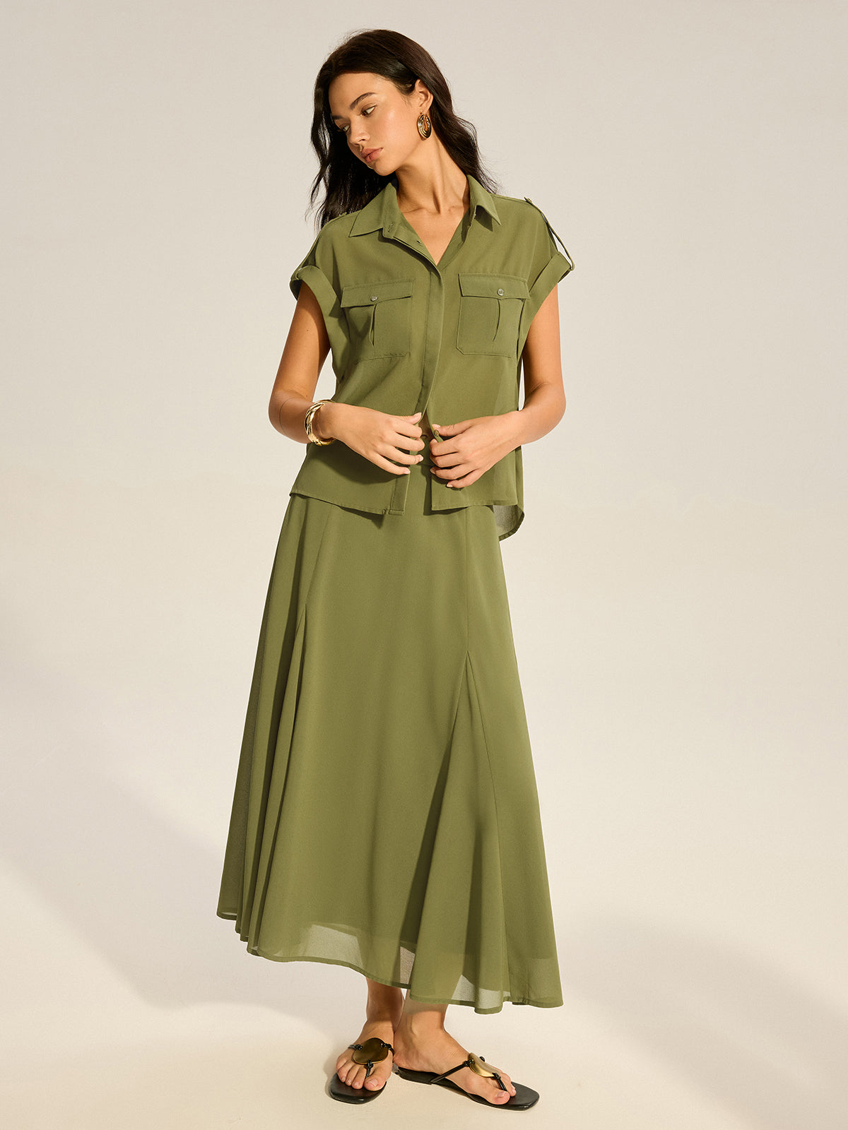 Rolled-Sleeve Pocketed Chiffon Shirt and Midi Skirt Set