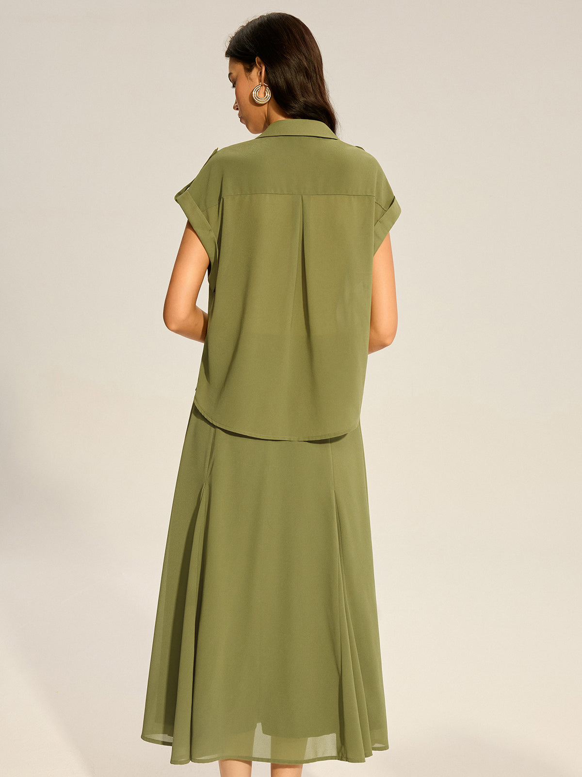Rolled-Sleeve Pocketed Chiffon Shirt and Midi Skirt Set