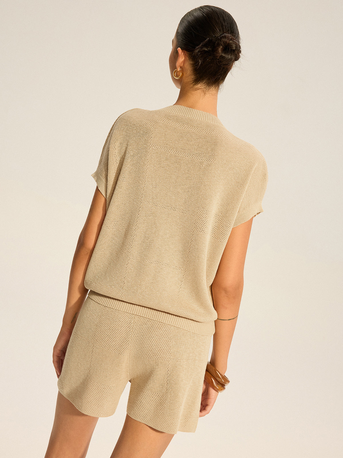 V-Neck Top and Drawstring Shorts Set with Square Cut-Out Details