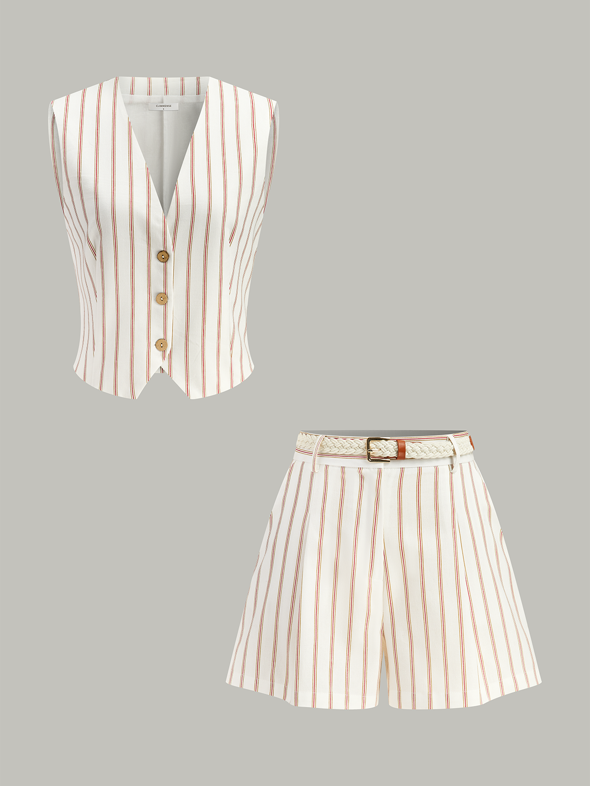 Belted Striped Shorts Set