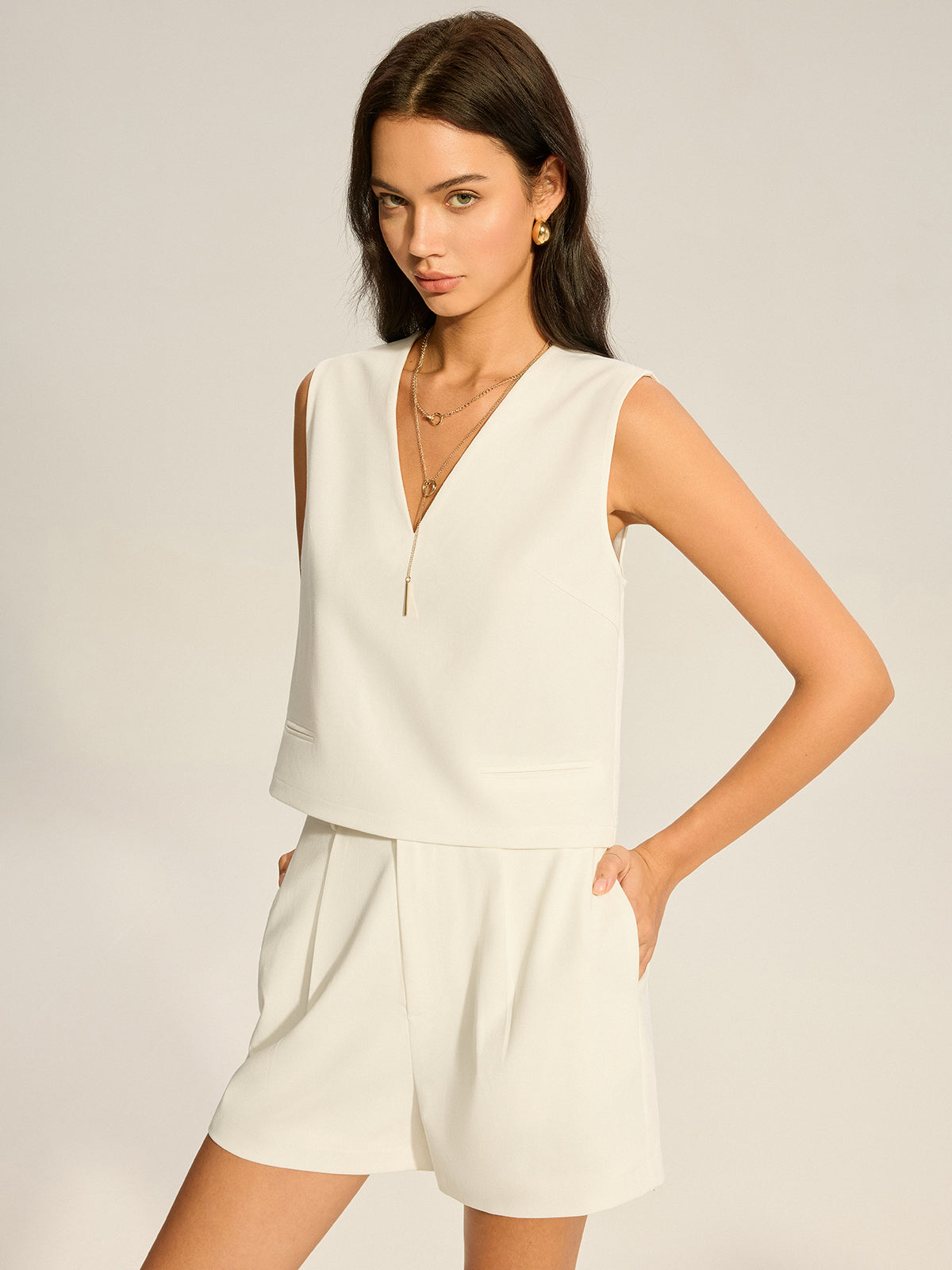 V-Neck Pocketed Top and Pleated Shorts Set