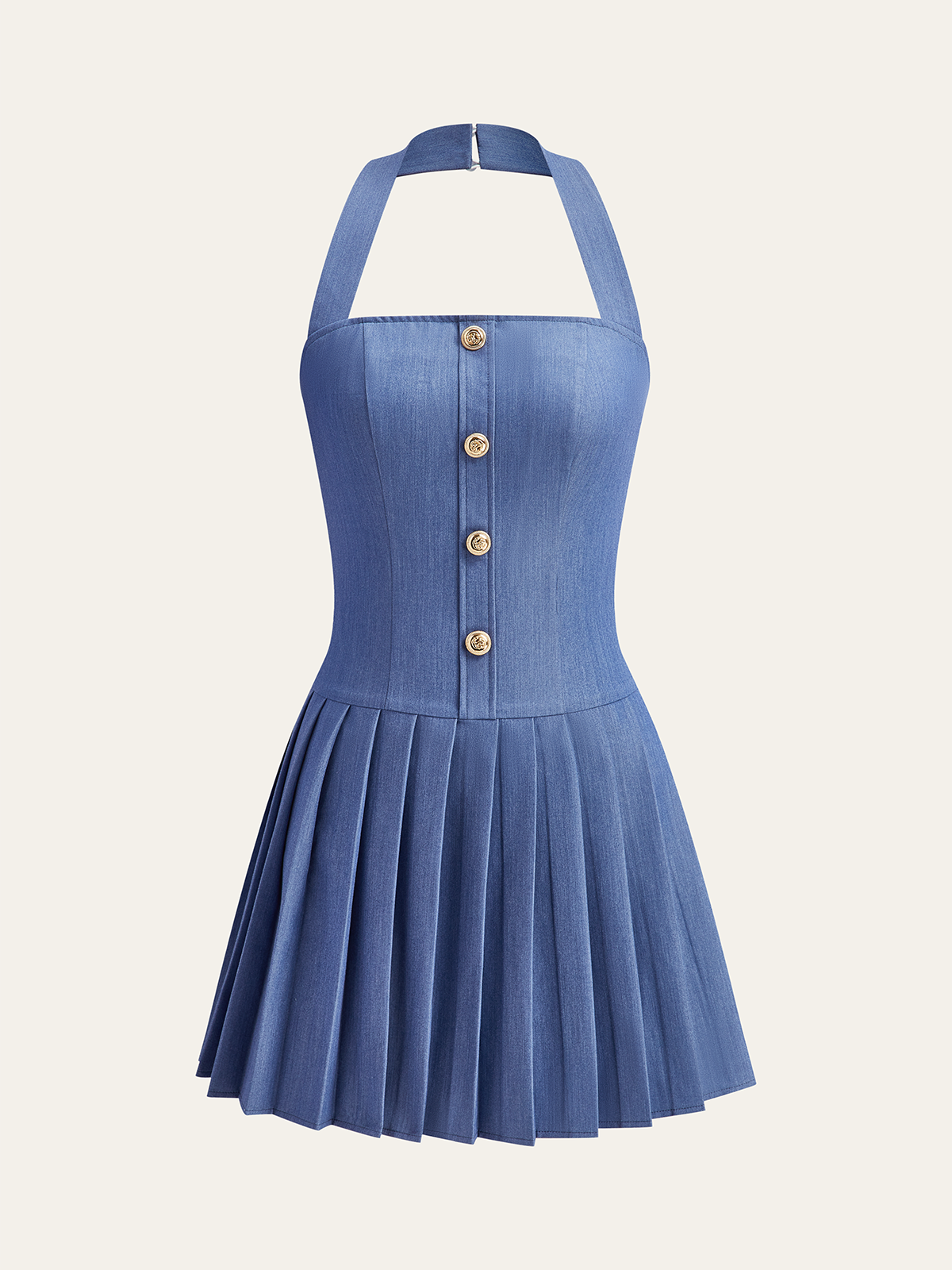 Metal Button Halter Neck Pleated Dress