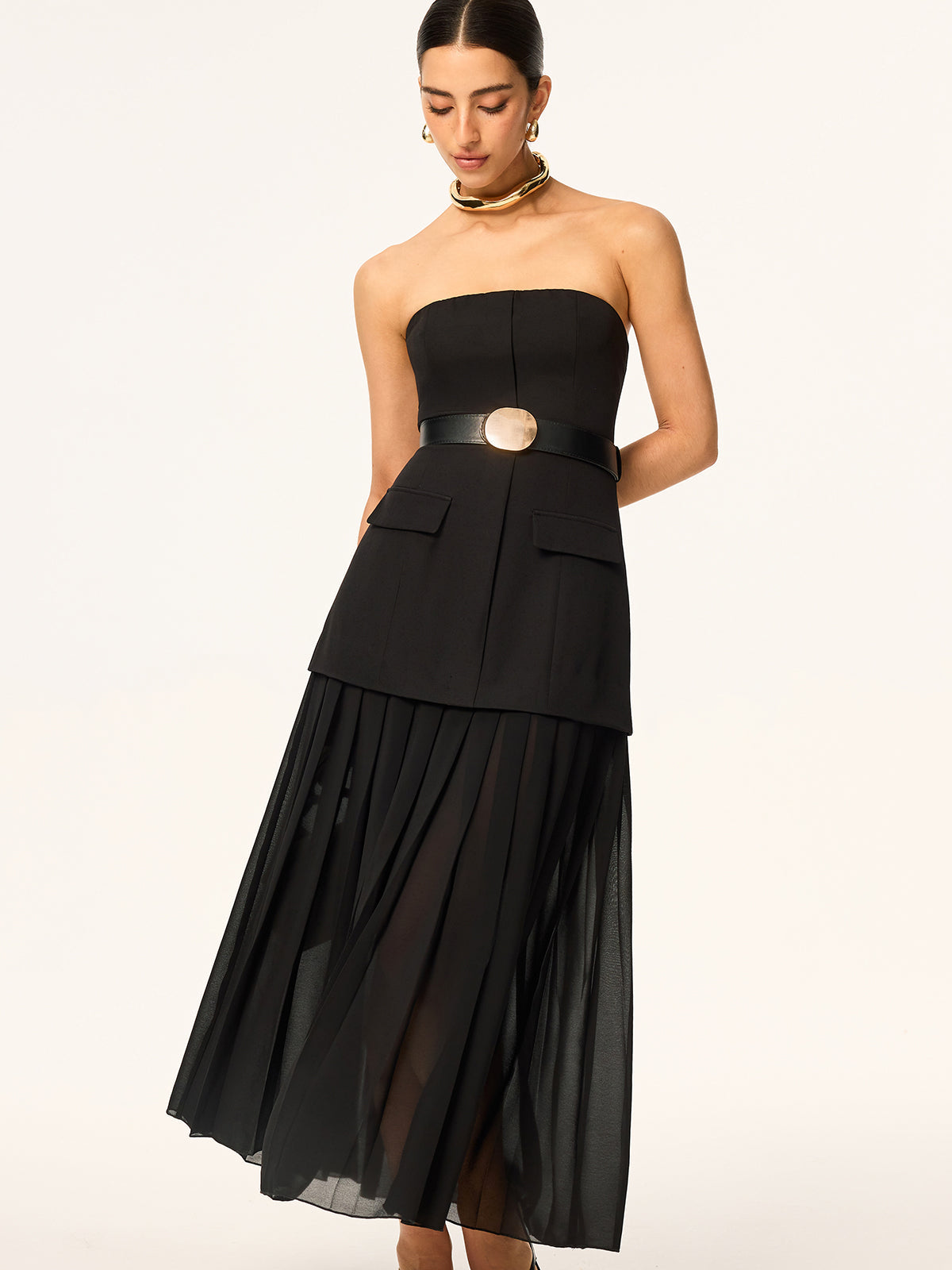Strapless Belted Midi Dress with Pleated Chiffon Hem