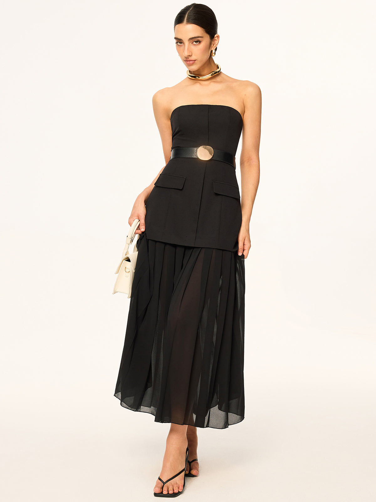 Strapless Belted Midi Dress with Pleated Chiffon Hem