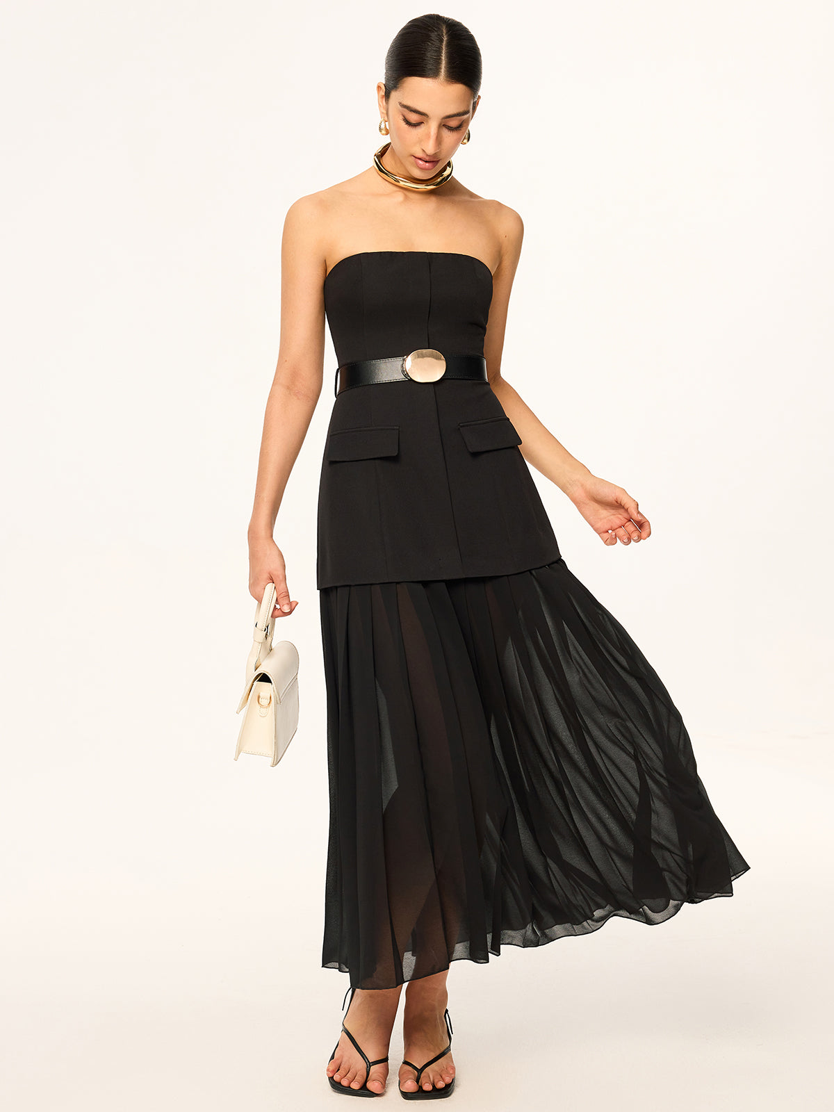 Strapless Belted Midi Dress with Pleated Chiffon Hem