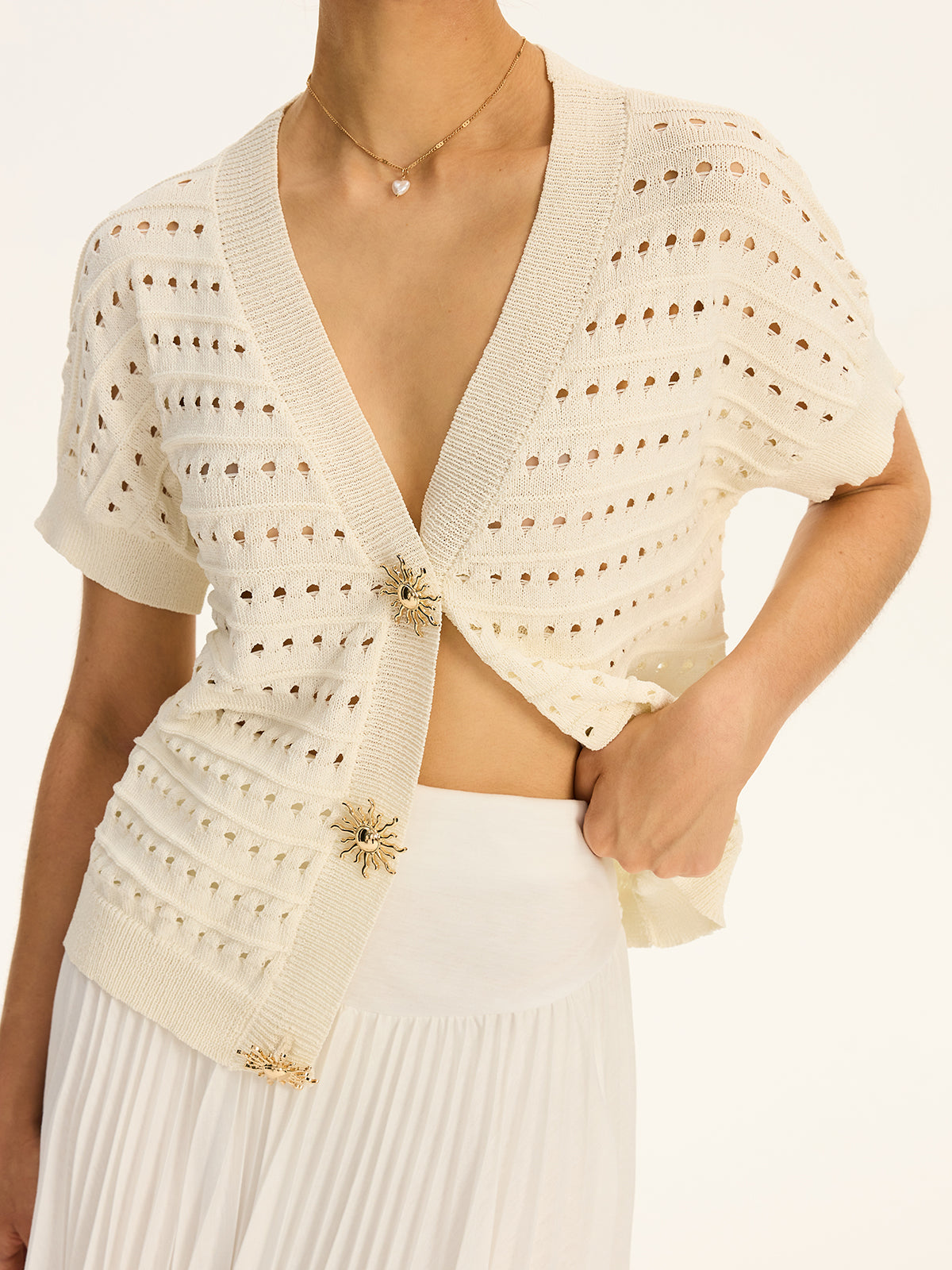 Eyelet Knit Metal Button V-Neck Cardigan