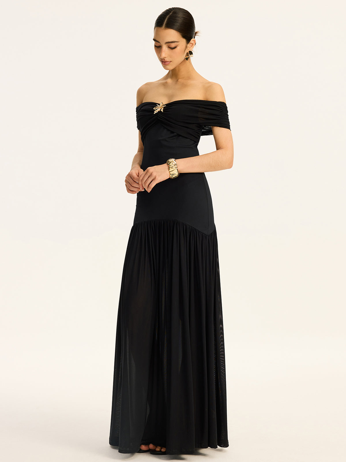 Off-Shoulder Ruched Mesh-Paneled Maxi Dress