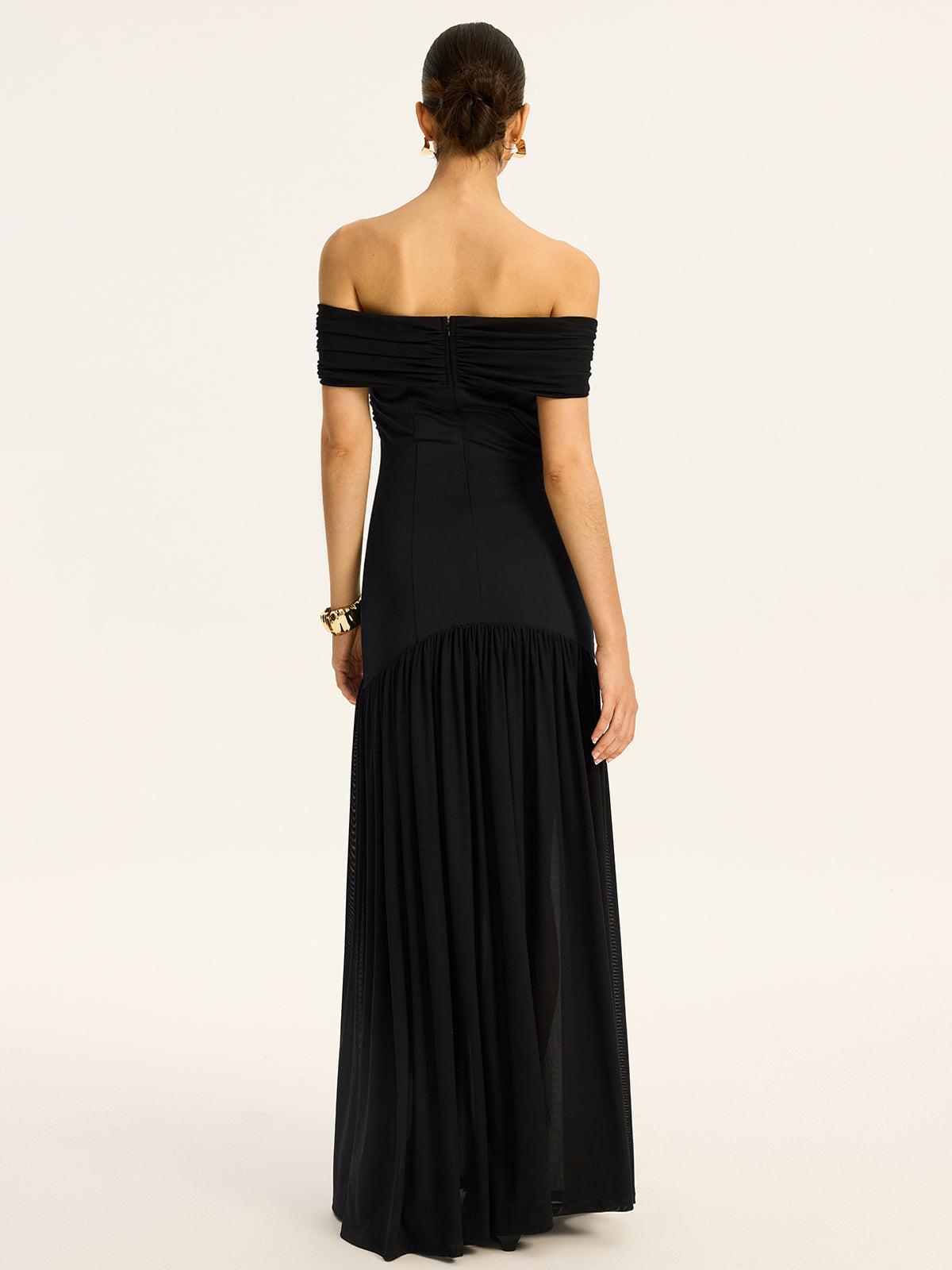 Off-Shoulder Ruched Mesh-Paneled Maxi Dress