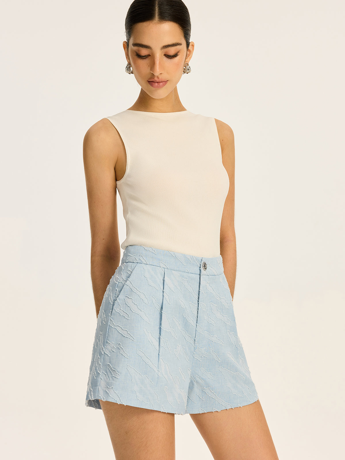 Textured Fabric Metal Button High-Waisted Shorts