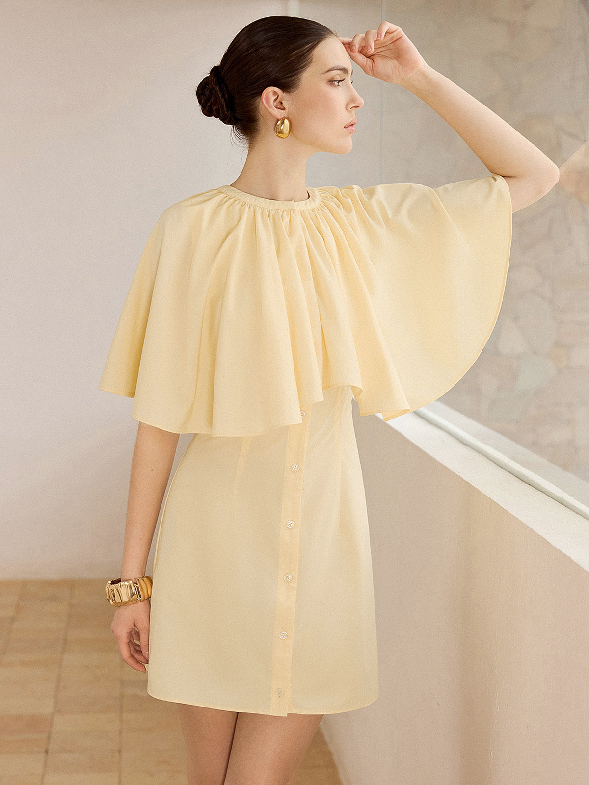 Cape-Sleeve Button-Front Mini Dress