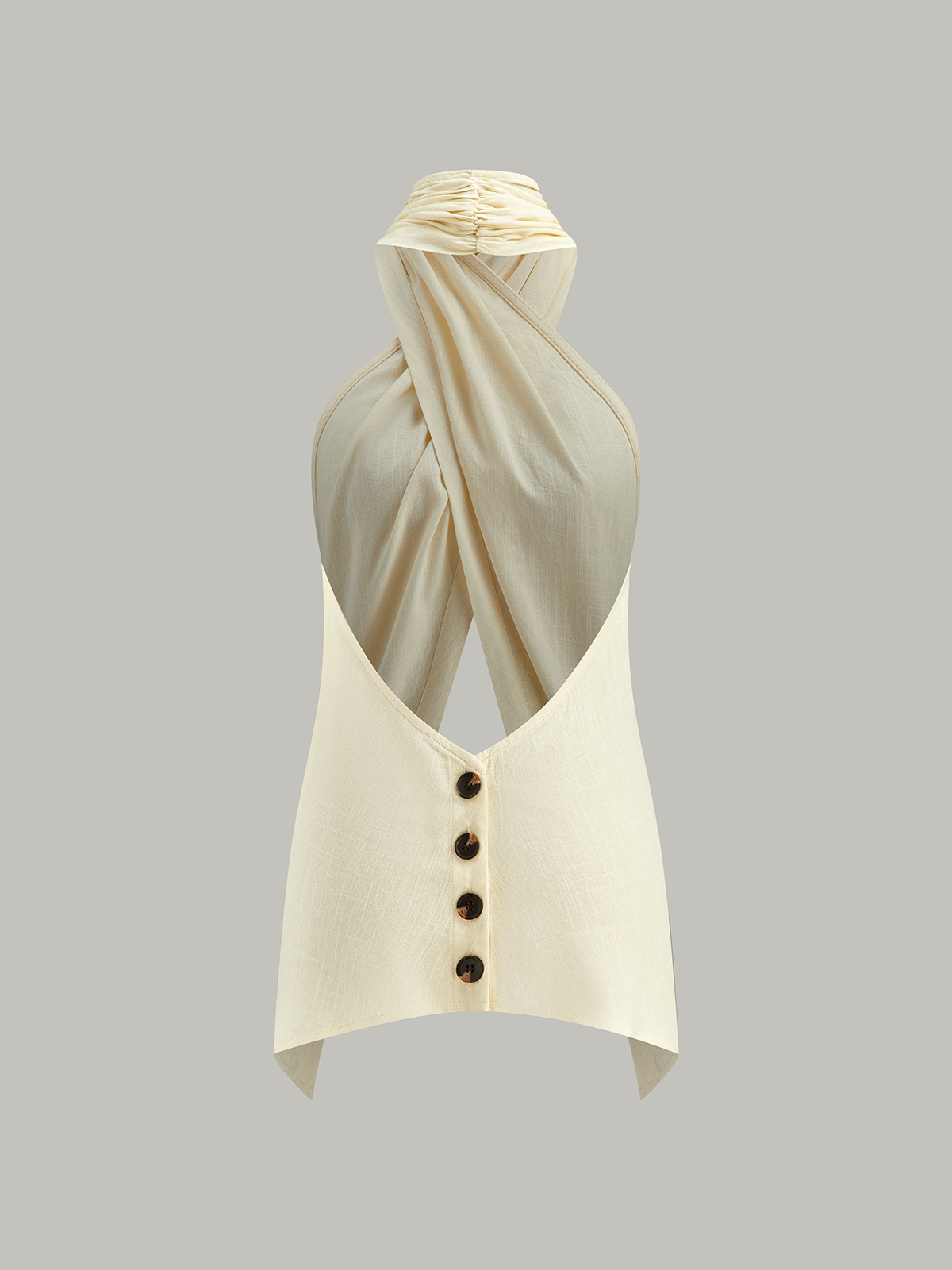 Cross-Halter Neck Wrap Top with Button Detail