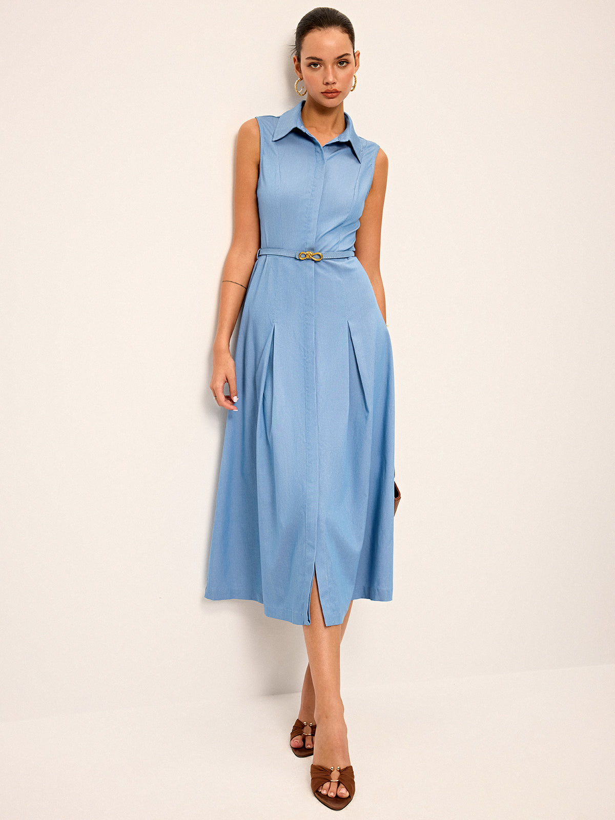 Belted Sleeveless Shirt Midi Dress