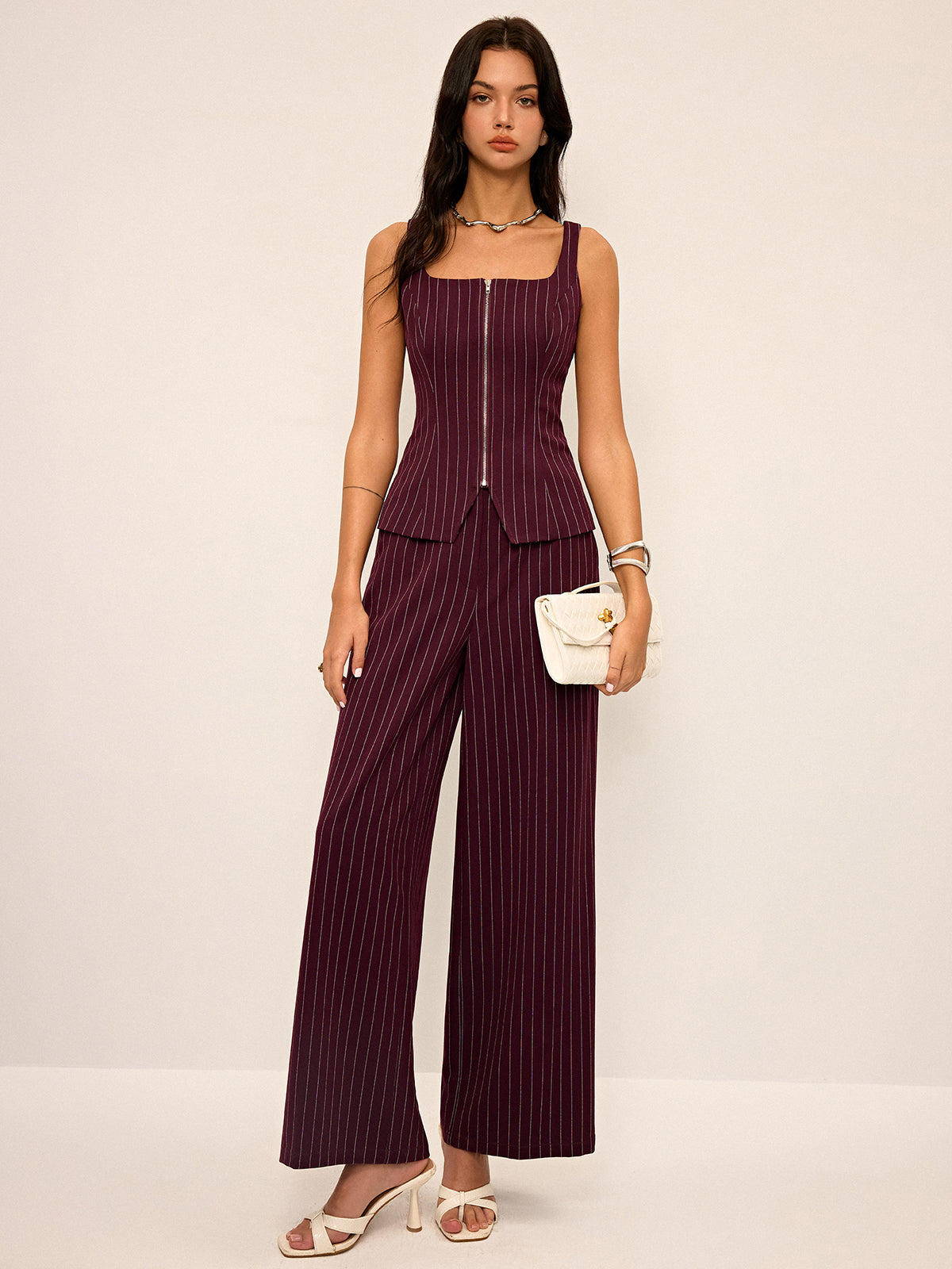 Pinstripe Zipper Vest with Slit