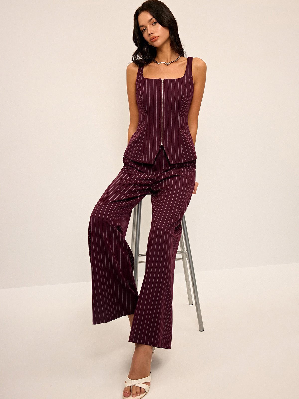 Pinstripe Zipper Vest with Slit