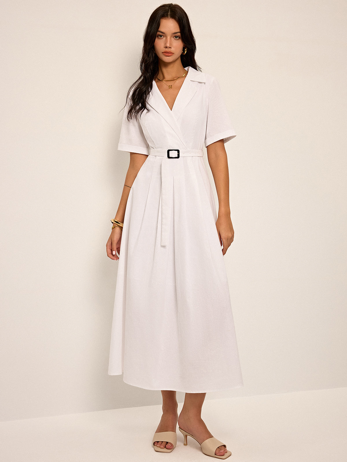 Linen & Blend Belted Pleated Shirt Dress