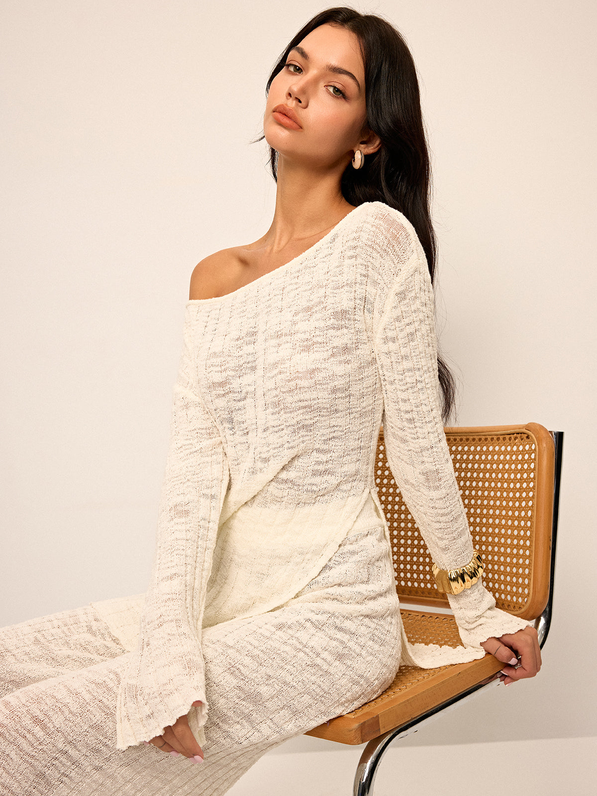 Off-Shoulder Sheer Knit Top and Flared Pants Set