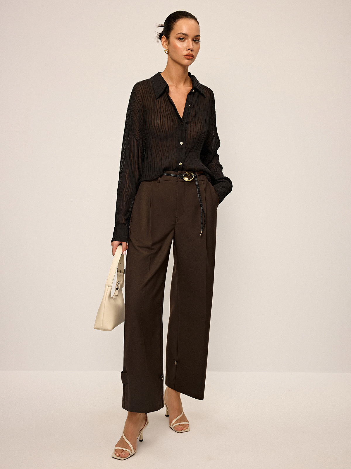 Pleated Wide-Leg Pants with Ankle Button Detail