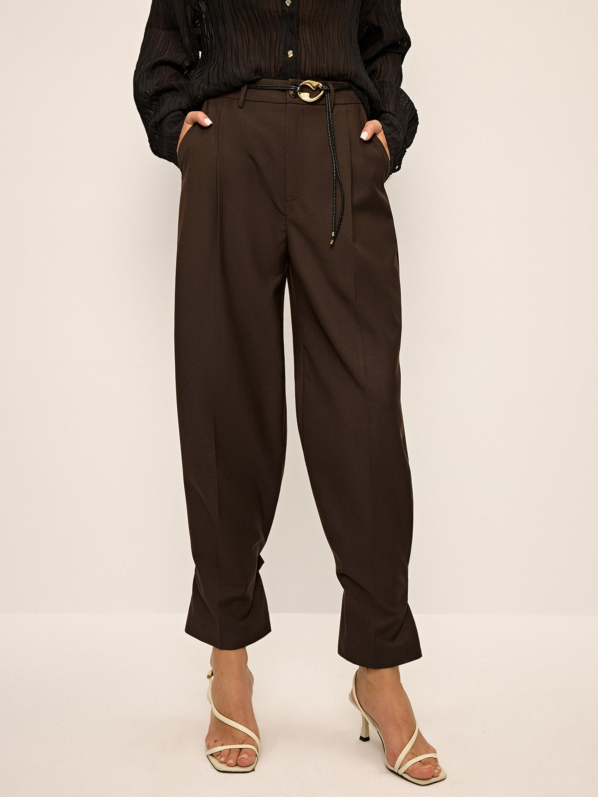 Pleated Wide-Leg Pants with Ankle Button Detail