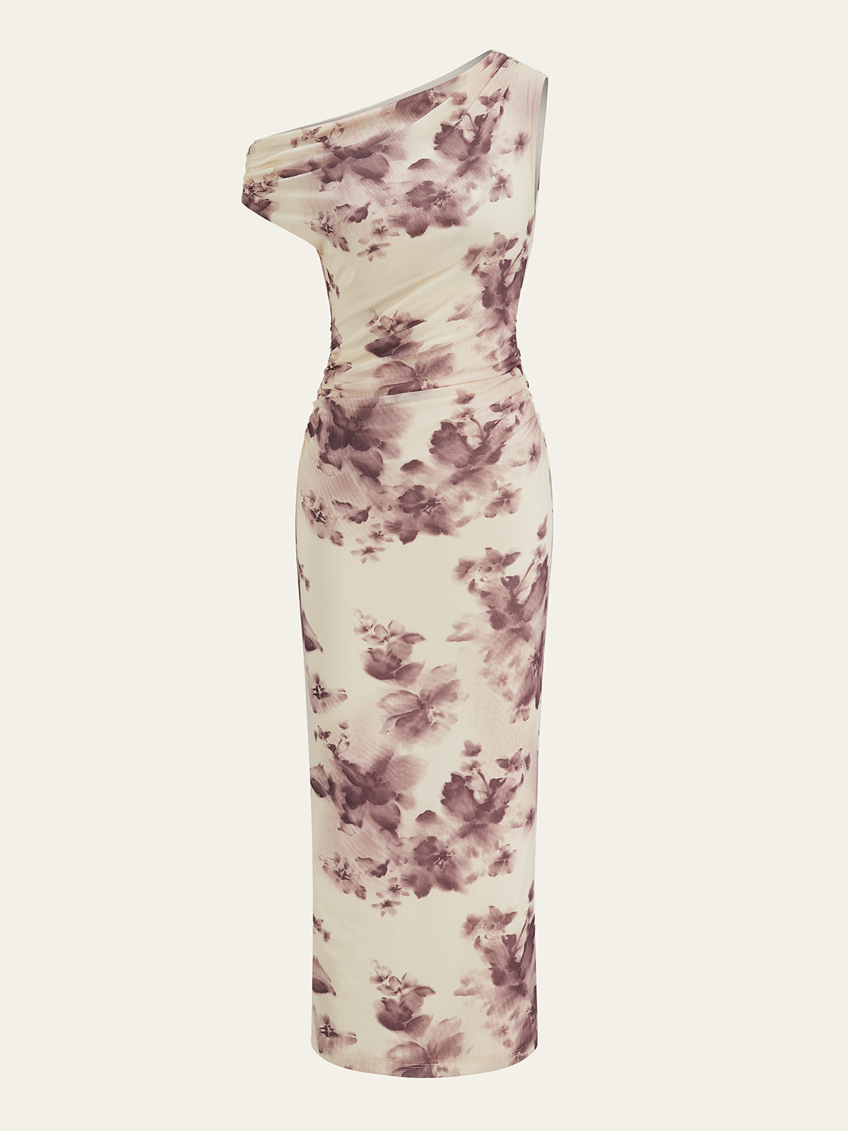 One-Shoulder Ruched Floral Print Midi Dress