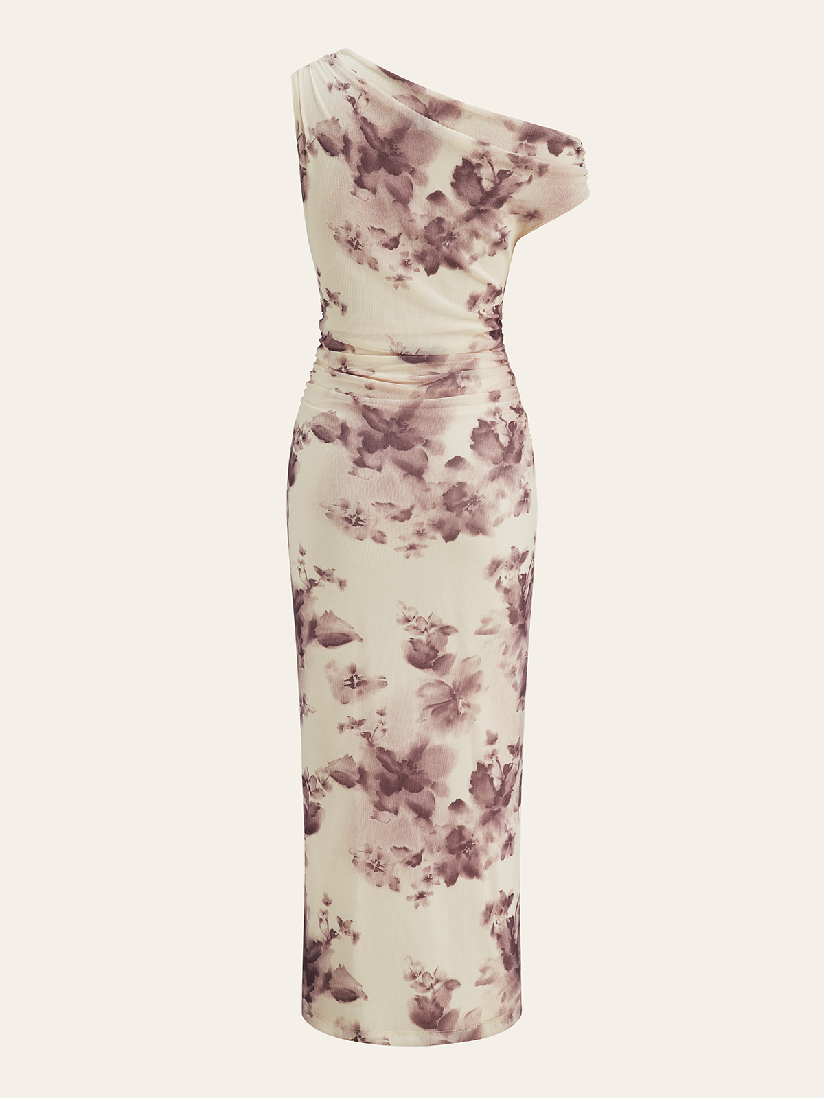 One-Shoulder Ruched Floral Print Midi Dress