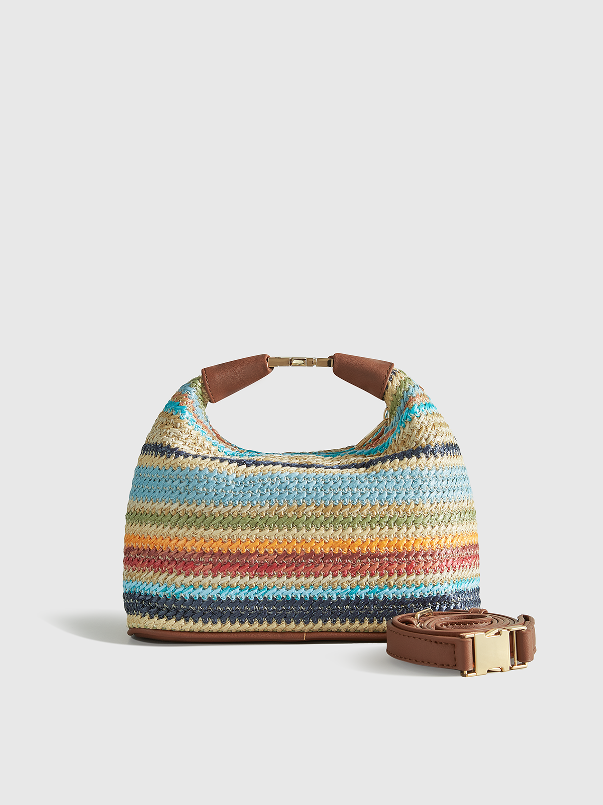 Color-Block Striped Straw Handbag with Leather Strap