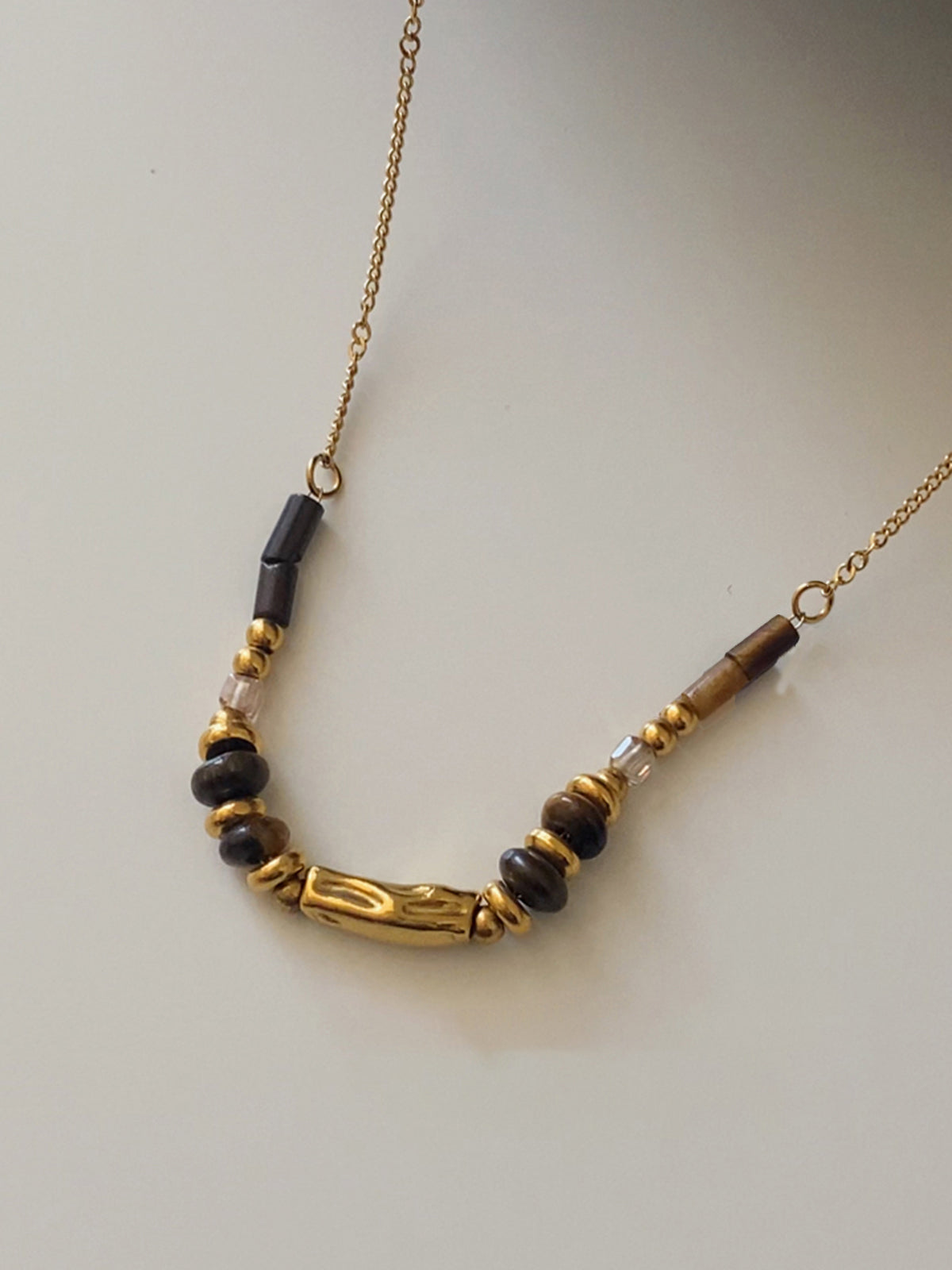 Tiger Eye Stone Beaded Necklace with Gold Chain