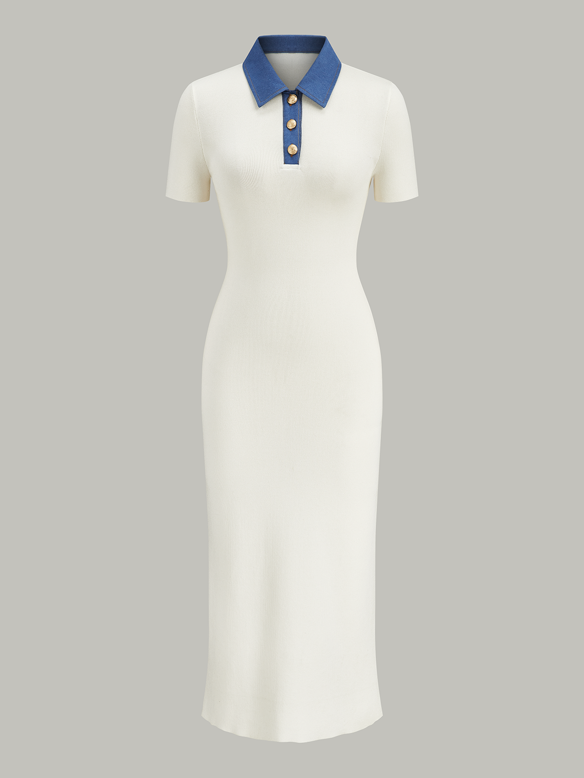 Denim-Collar Buttoned Polo Knit Midi Dress