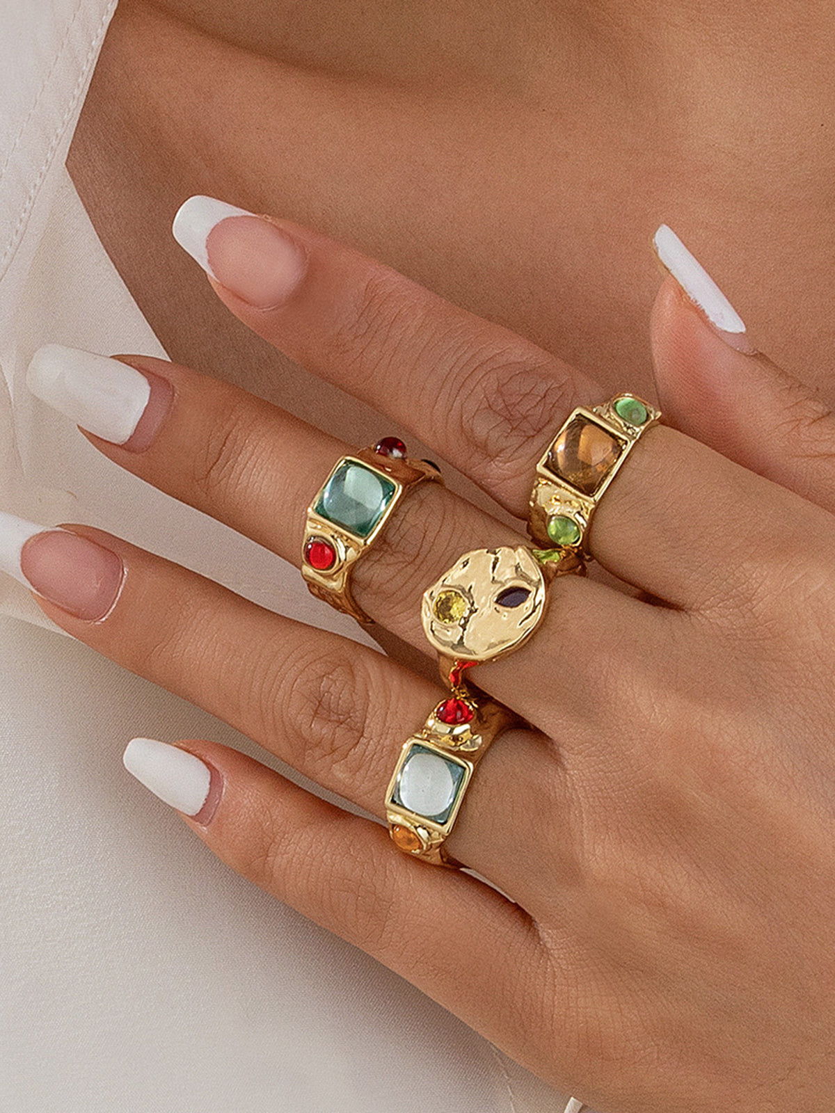 Luxury Multicolor Gemstone Gold Rings Set