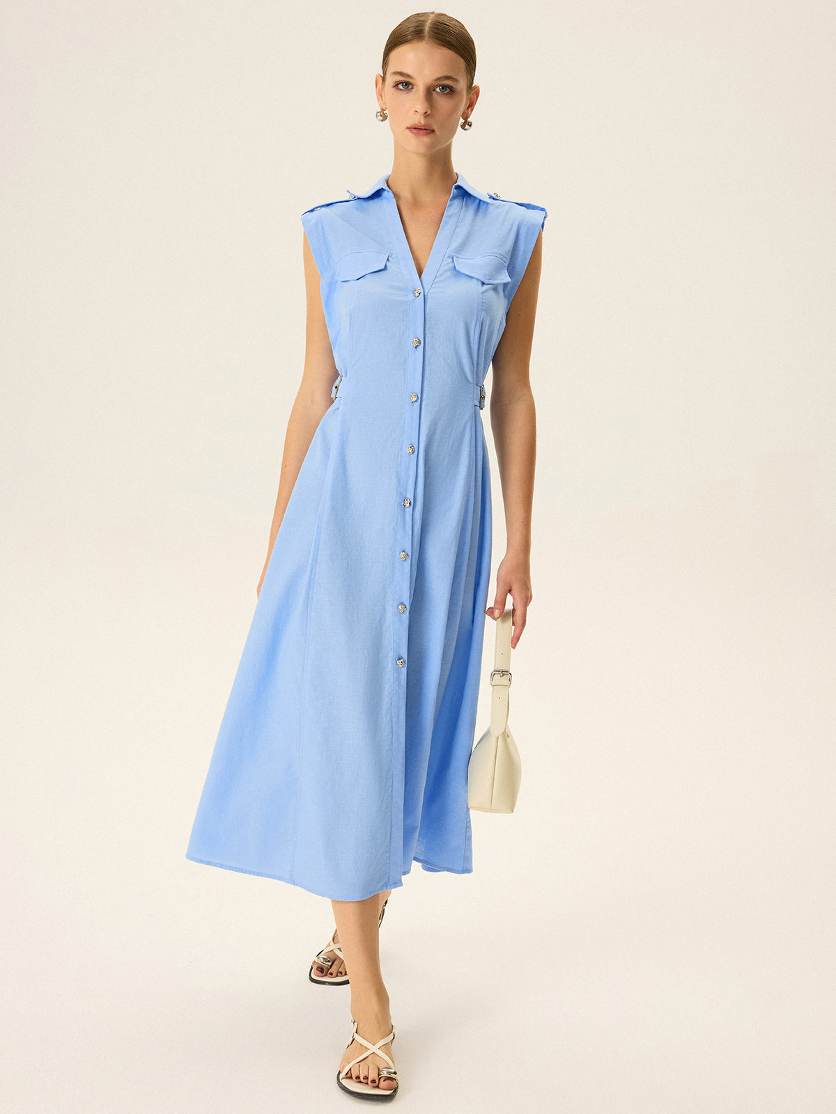Linen & Cotton V-Neck Midi Dress with Metal Button