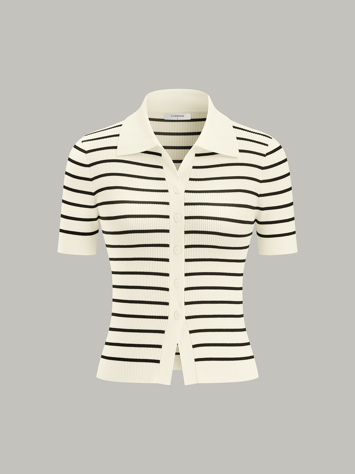 Striped Short-Sleeve Polo Collar Knit Cardigan