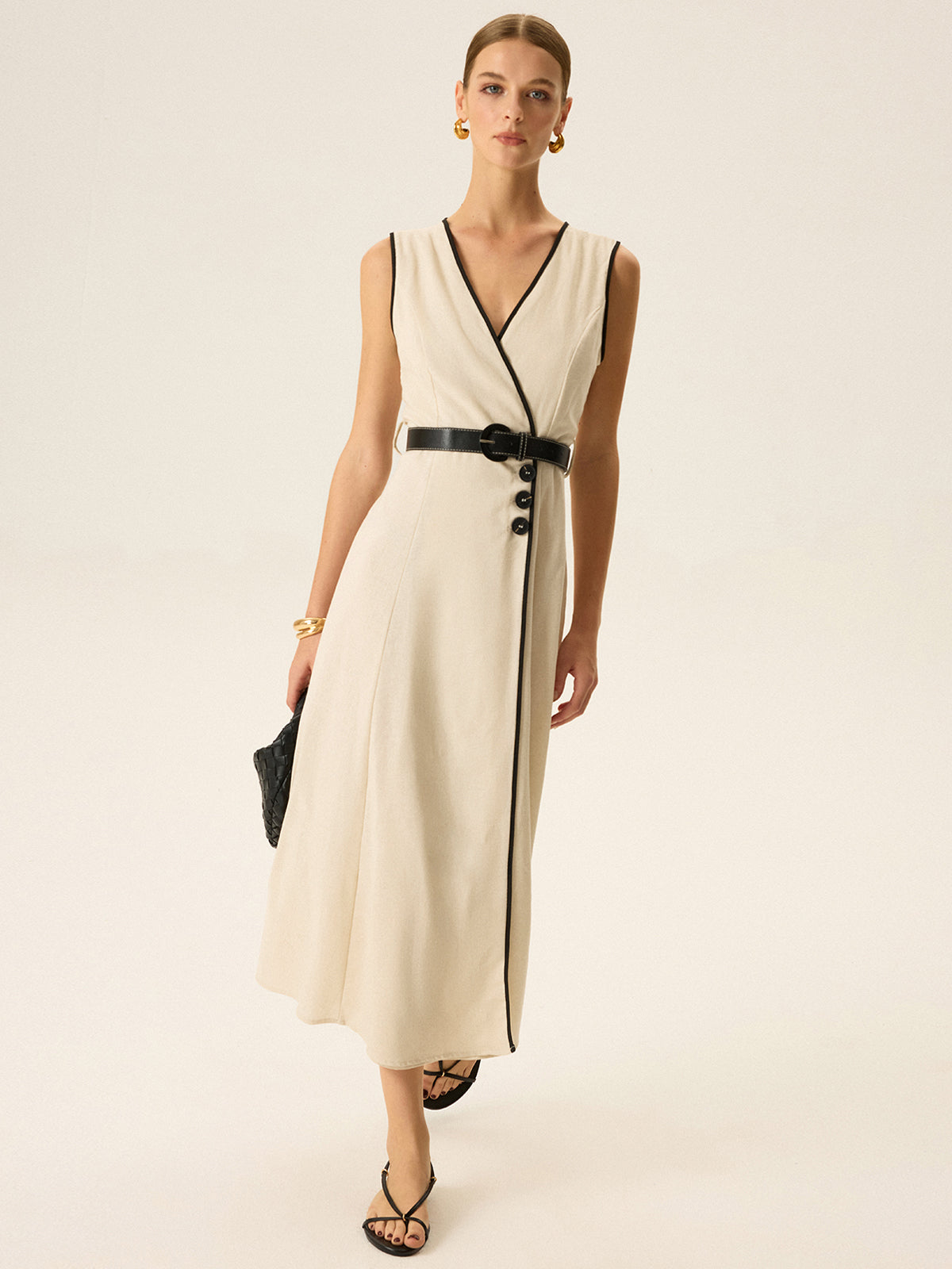 Contrast Trim Belted Midi Dress