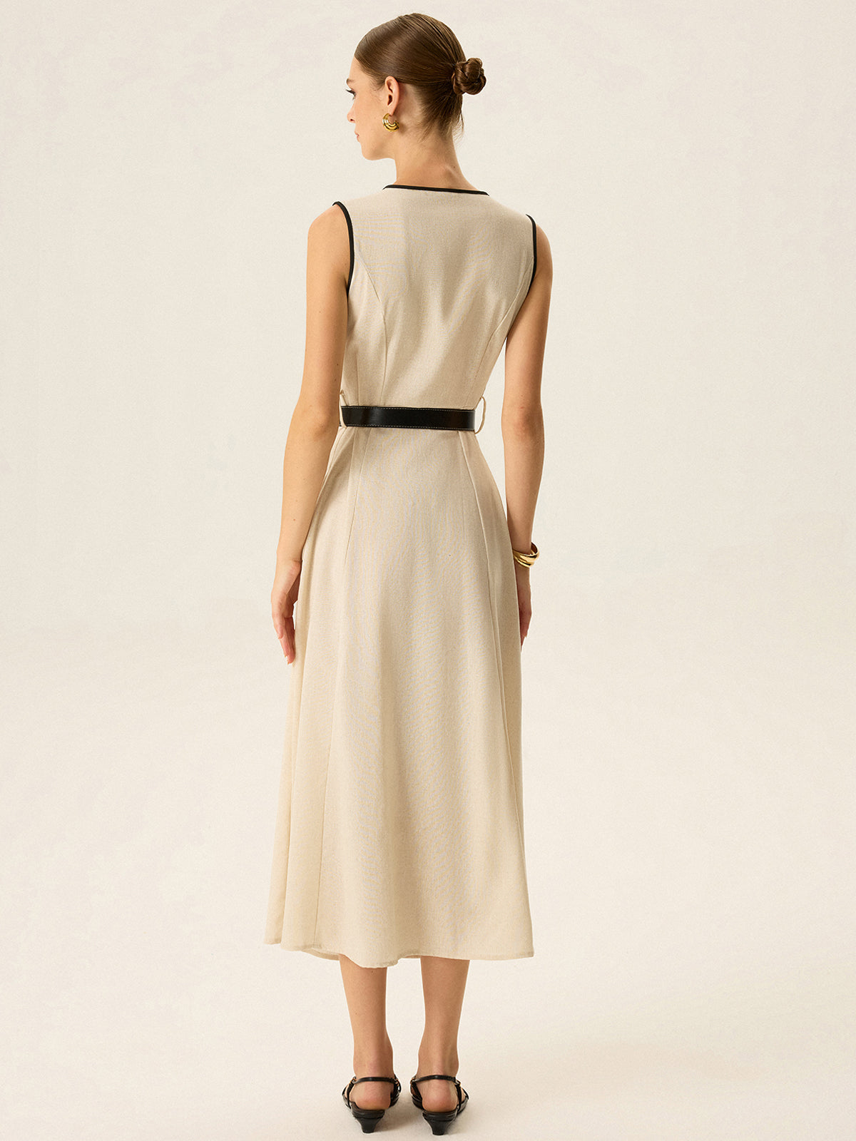Contrast Trim Belted Midi Dress
