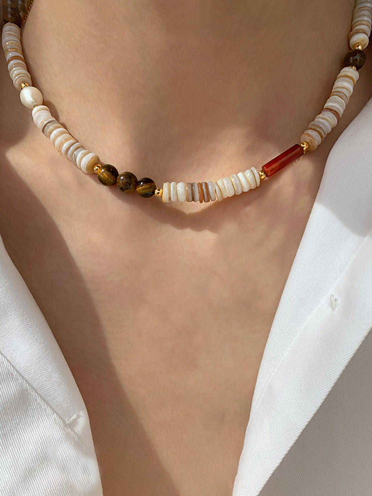 Tiger Eye and Shell Beaded Necklace