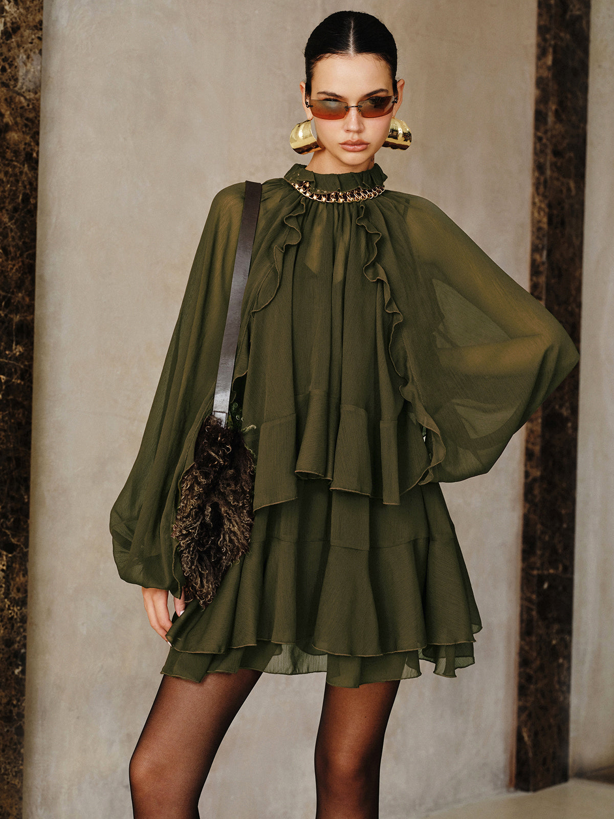 Tiered Ruffle Chiffon Mini Dress Set with Liner