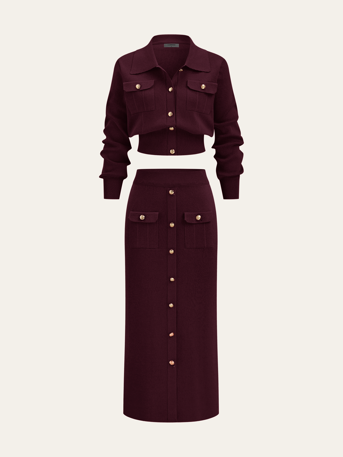 Metal Button Collared Cardigan and Midi Skirt Set