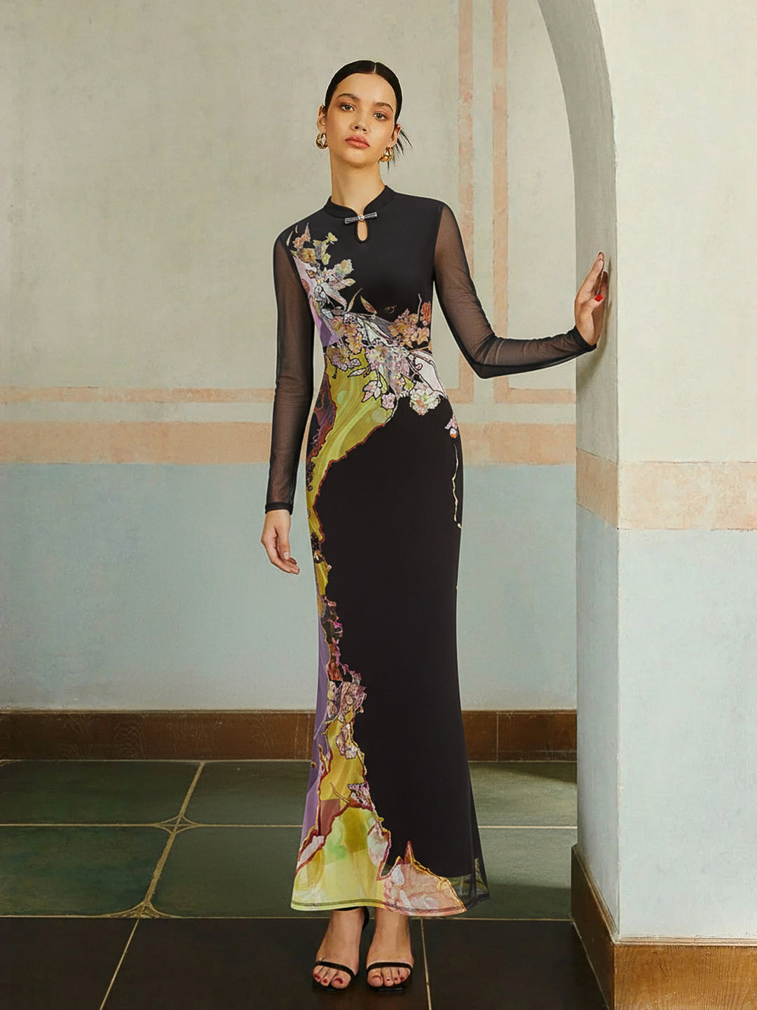 Mesh Long Sleeve Floral Print Maxi Dress
